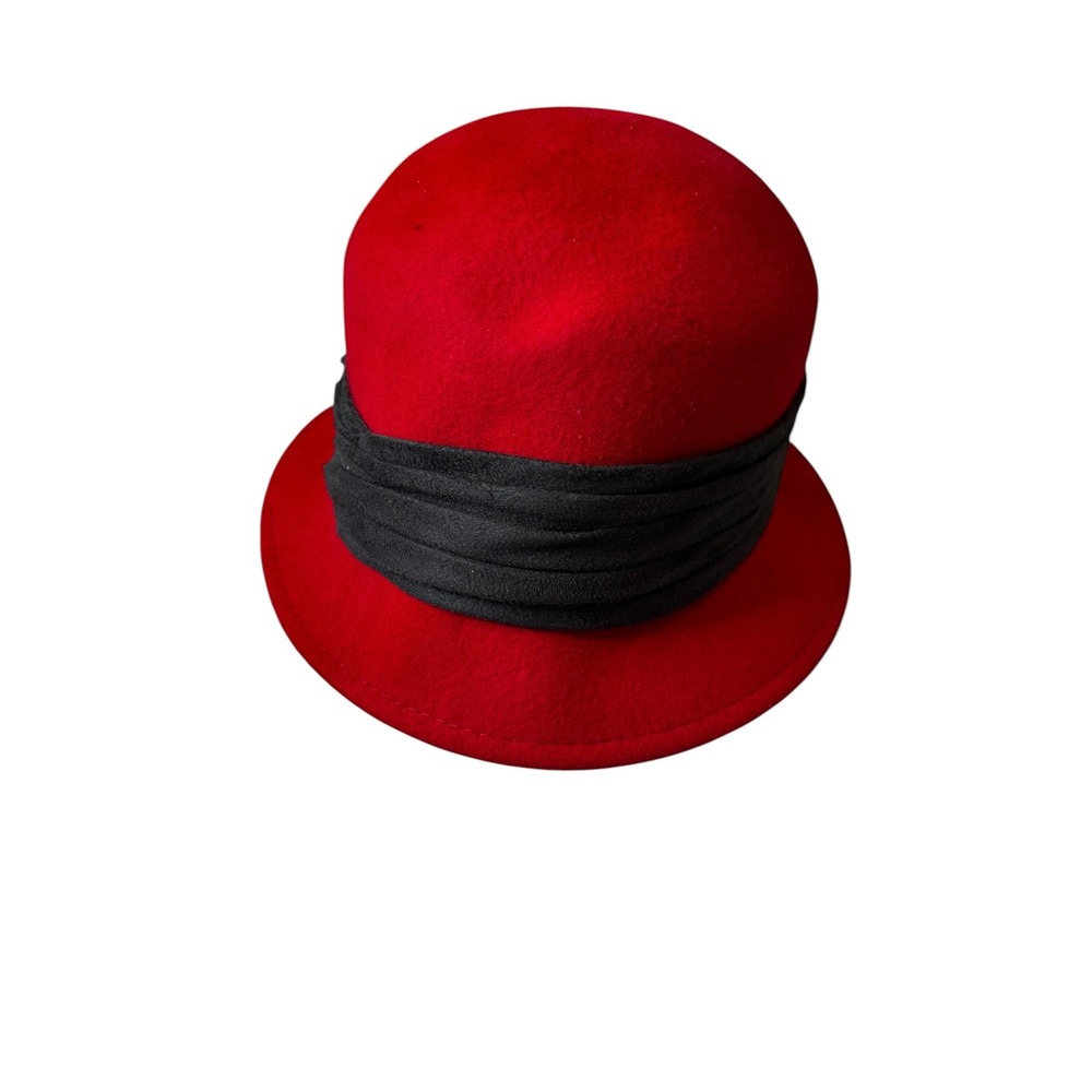 Adora Red Wool Felt Cloche Hat Black Pleated Band Vintage Style Women Accessory